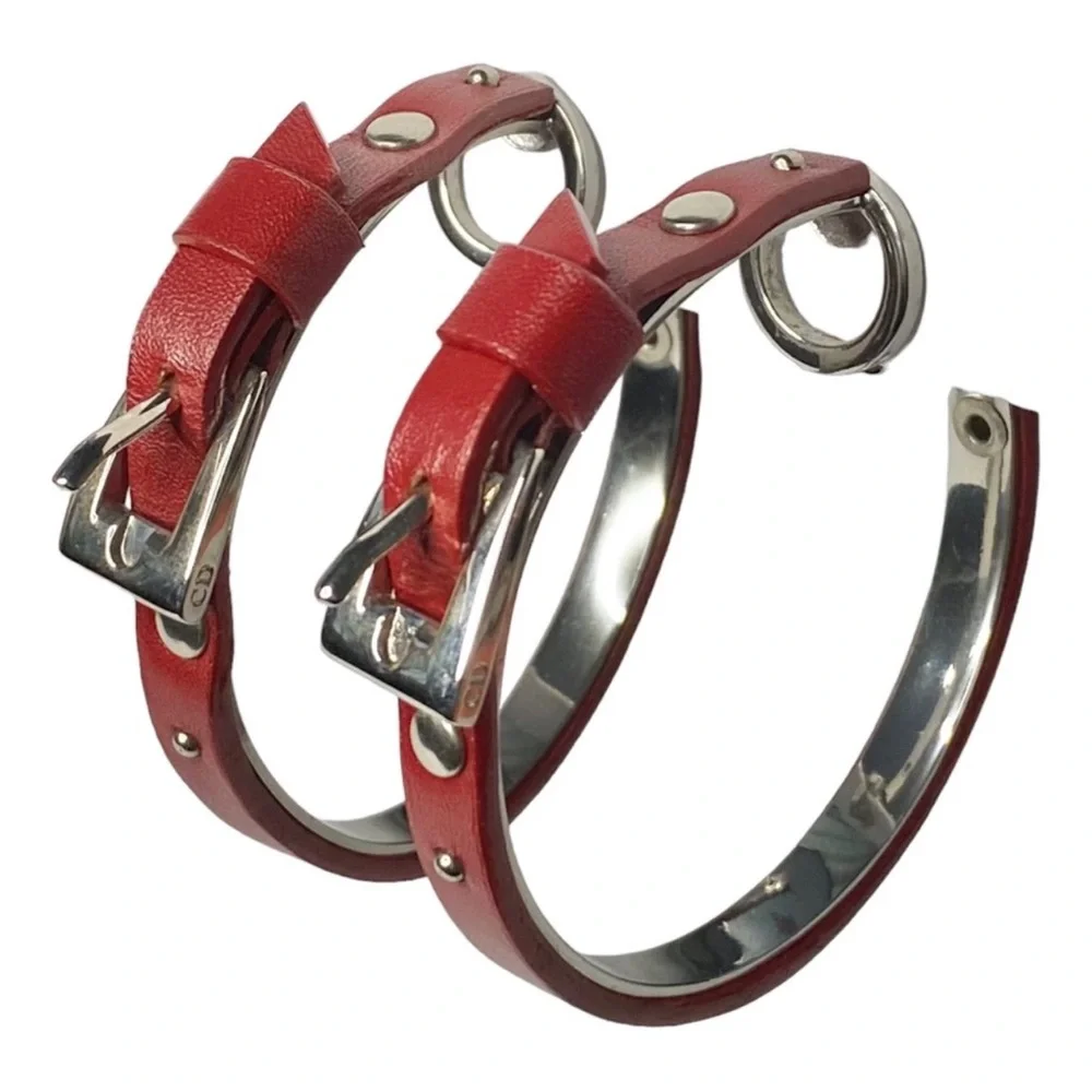AUTH VTG Christian Dior Red Leather Logo Silver Belt Buckle Large Hoop Earrings - Picture 1 of 14